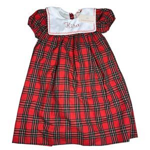 Smockingbird red tartan holiday plaid girl smocked dress personalized KIRA 7 NEW